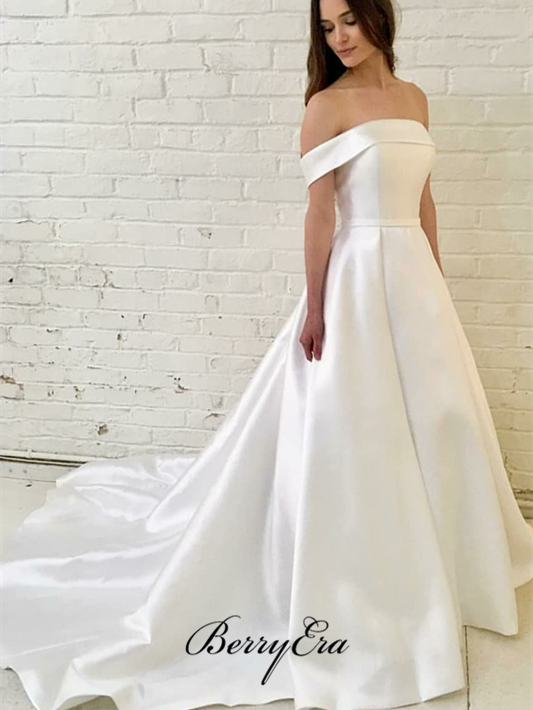 Off Shoulder A-line Ivory Satin Wedding ...